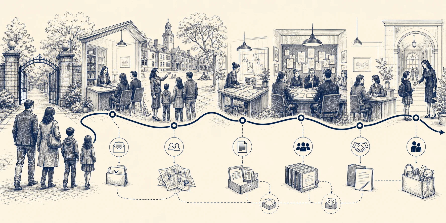 An illustrated admissions journey connecting inquiry, visit, review, decision, and onboarding