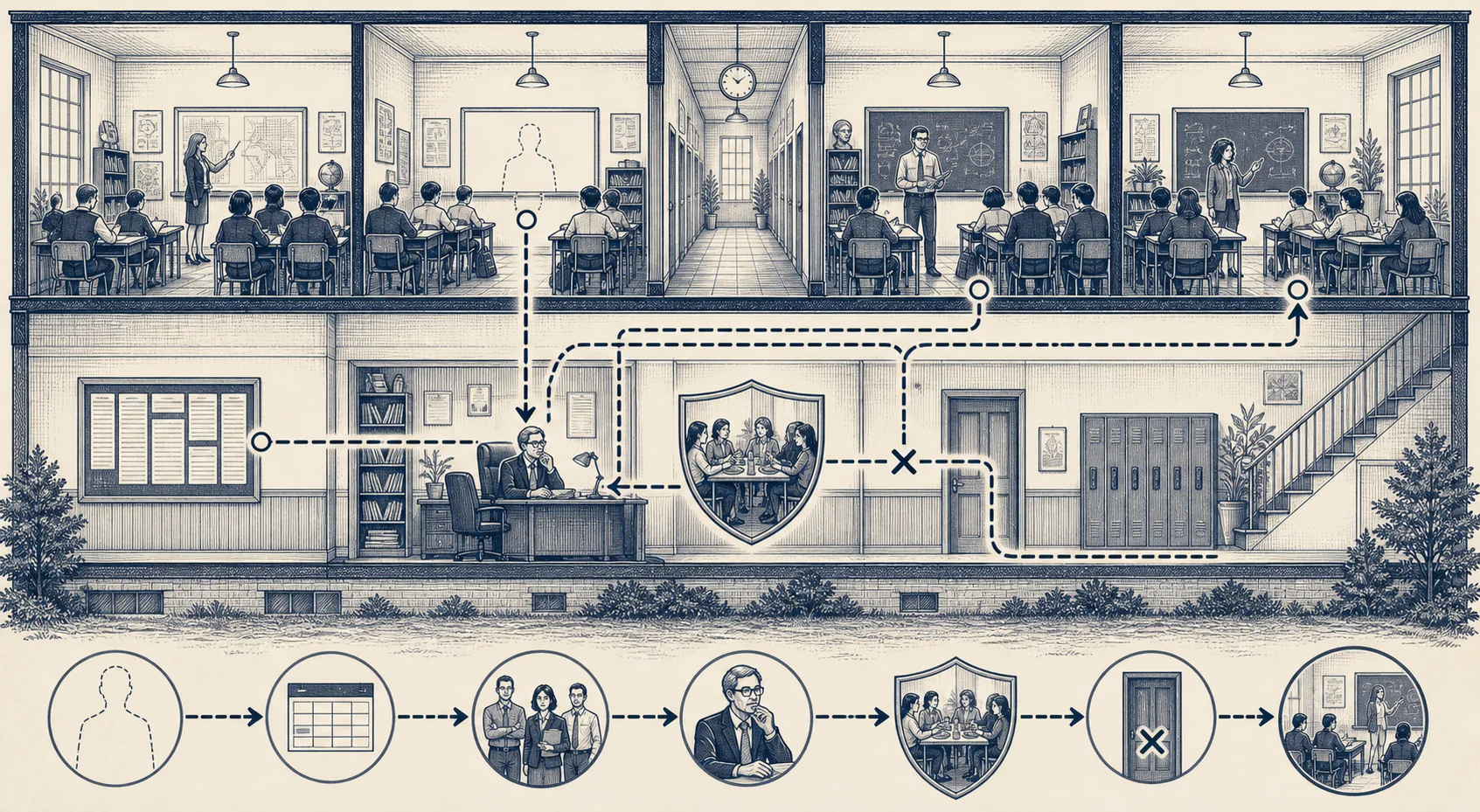 An illustrated faculty-coverage process showing an absence moving through schedules, rules, approval, and classroom assignment
