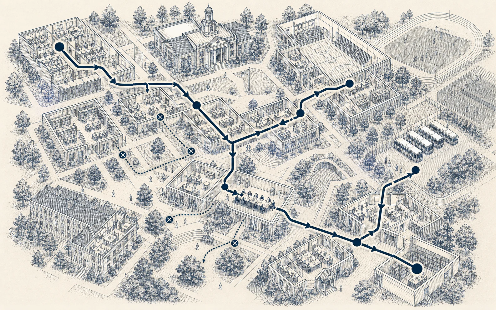Axonometric private-school campus showing one operational event routing through multiple departments and a human approval point