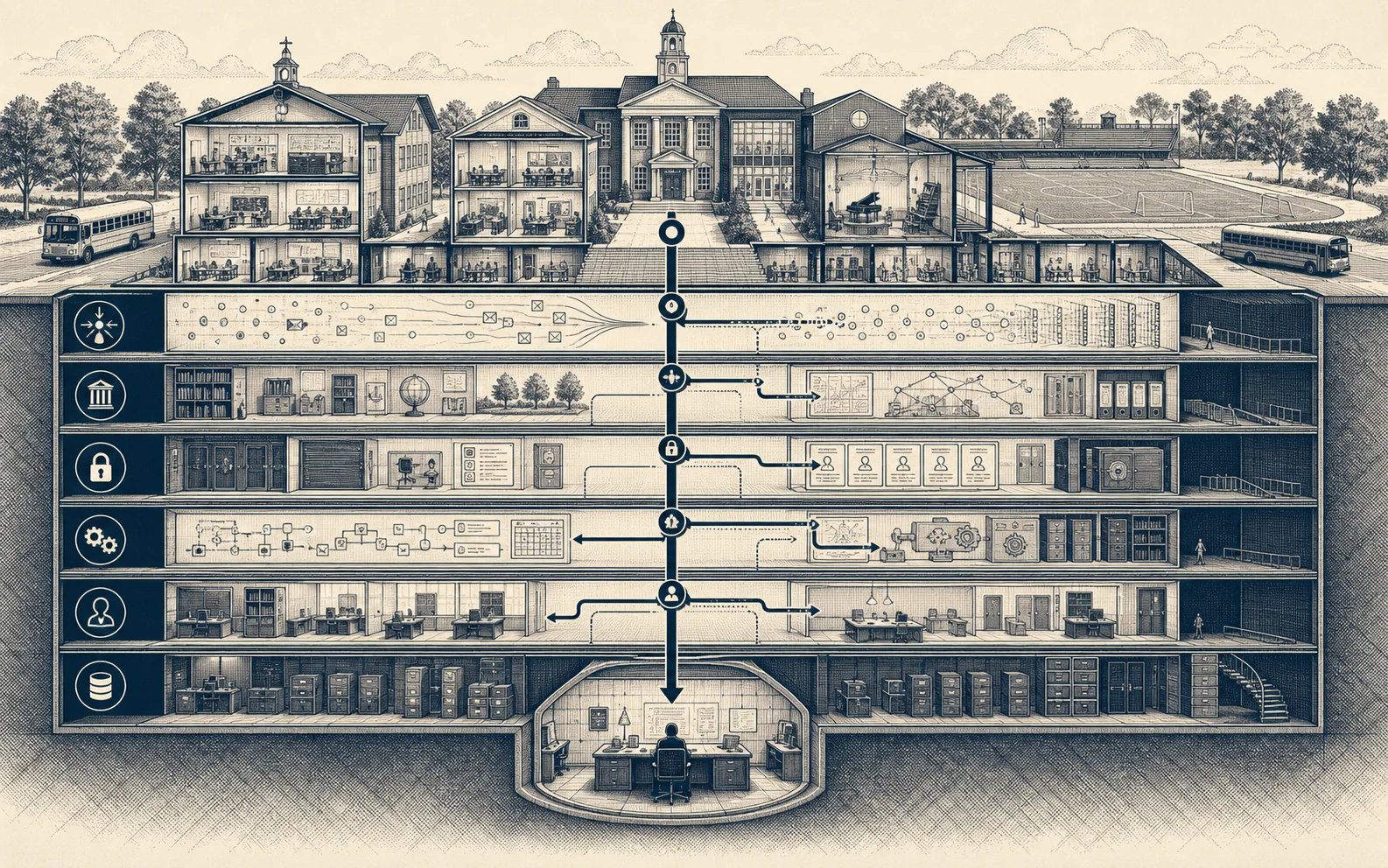 Architectural cutaway of a private school above six connected Atlas operating layers