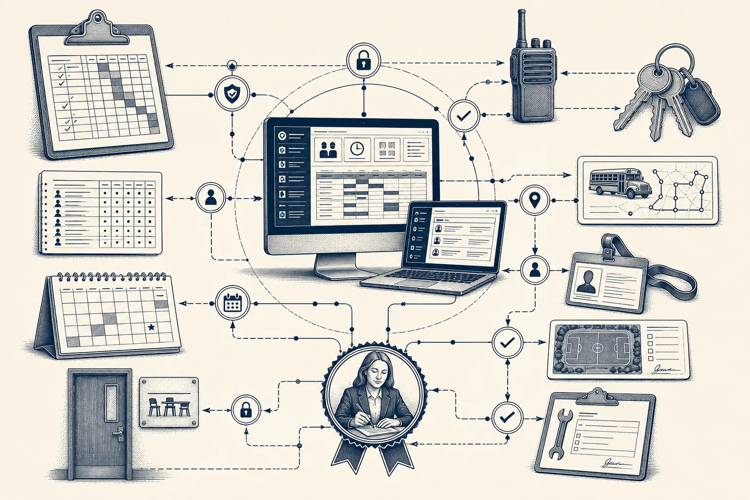 School computers, schedules, radios, keys, buses, fields, and work orders connected through Atlas