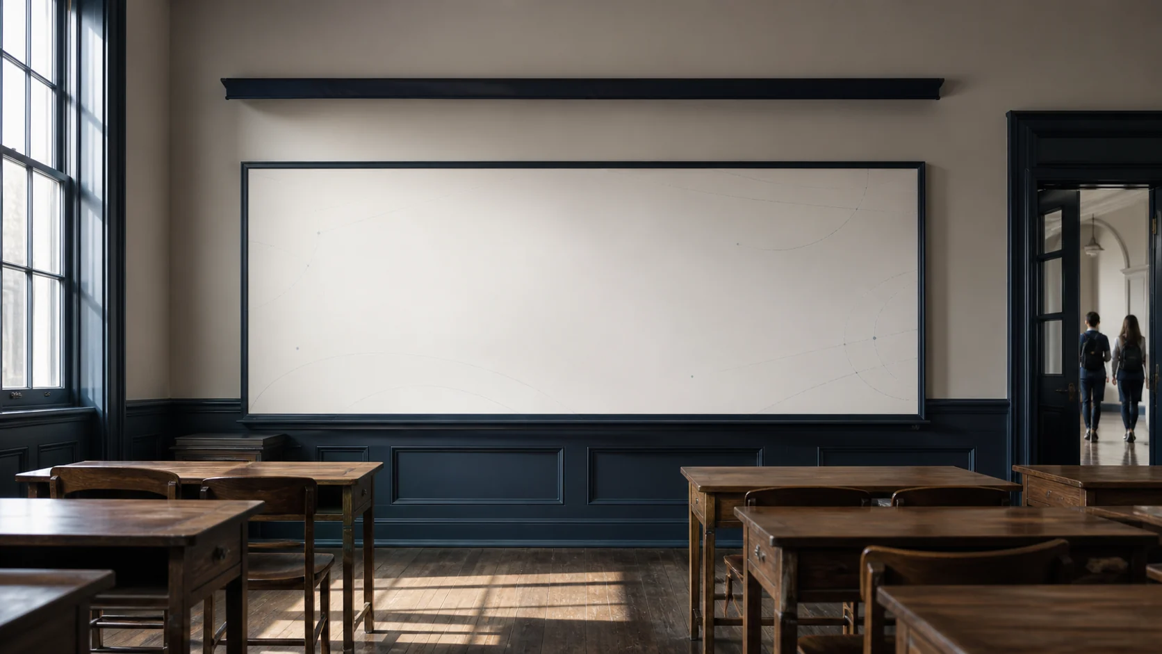 A private-school classroom with a whiteboard prepared for the Atlas operating map